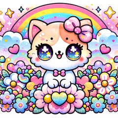 Adorable kawaii-style cat with big, sparkling eyes, surrounded by vibrant flowers, hearts, and a pastel rainbow. Emphasizes cuteness and playful charm. 