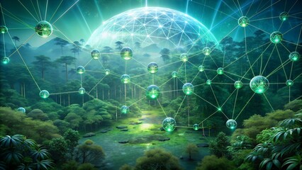Illustration of a lush green forest monitored by a network of interconnected environmental sensors, with data visualizations displayed on a holographic screen.