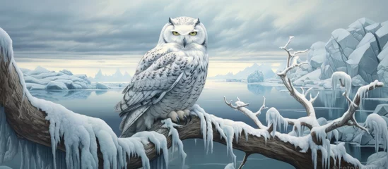 Poster A polar owl, scientifically known as Bubo scandiacus, perched on a tree branch covered in snow in a wintry landscape. The owl stands out with its white feathers against the stark, snowy background. © TheWaterMeloonProjec