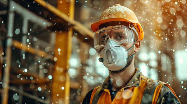 Professional construction worker wearing a high-grade dust mask, surrounded by lot of floating particles of glass wool dust in a construction site. 