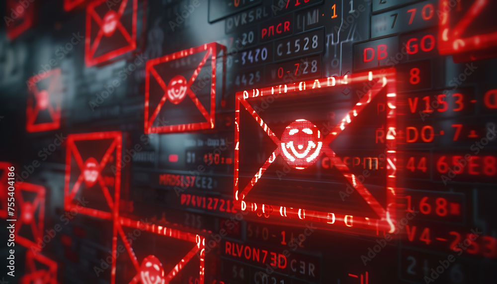 Poster threat alert, inbox brimming with spam, each marked for caution