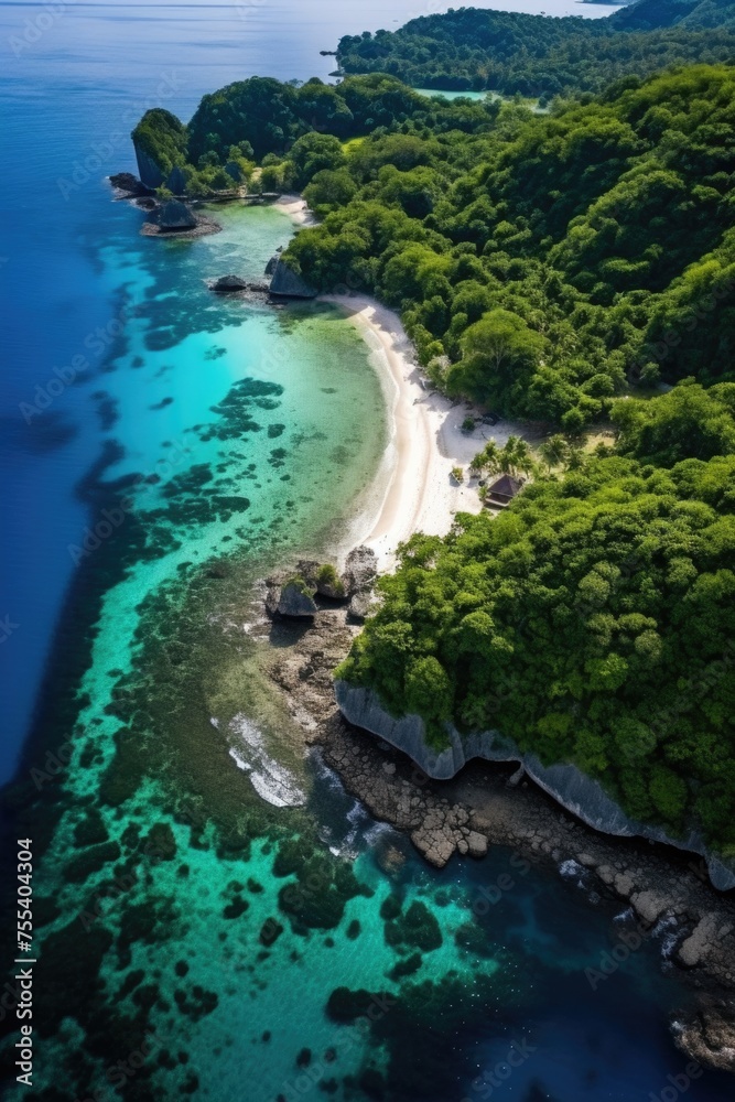 Poster Aerial view of a beach and forested area. Perfect for travel and nature concepts