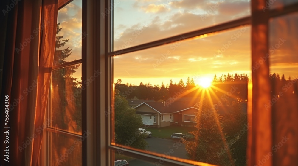 Poster sun setting through a window, suitable for home decor