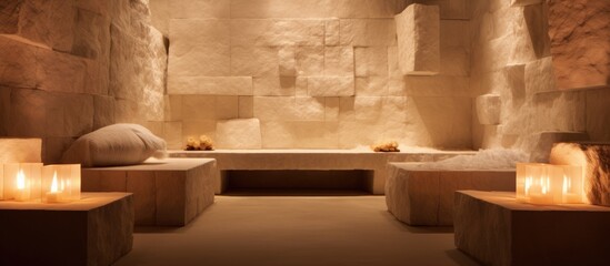 A salt room spa with stone walls is illuminated by numerous candles, casting a warm glow. The flickering flames create a cozy atmosphere in the dimly lit space, adding a touch of relaxation and