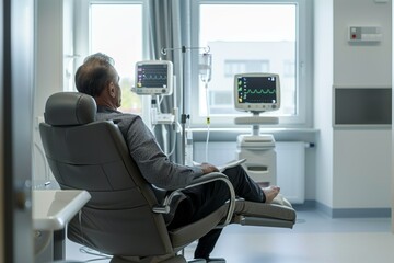man in a hospital room with a chemotherapy drip