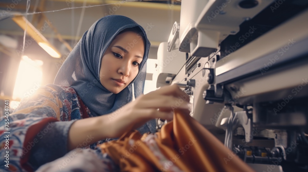 Poster a woman wearing a hijab working on a sewing machine. suitable for fashion or cultural themes