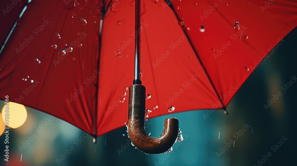 Poster close up of a red umbrella in the rain. suitable for weather or protection concepts