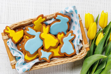 Easter Bunny-Shaped Gingerbread Cookies, Yellow Tulips