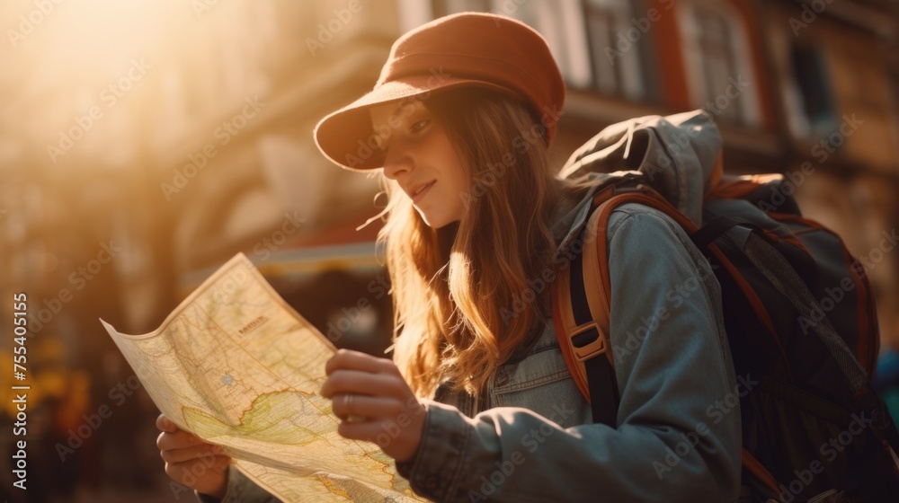 Aufkleber a woman studying a map while on a hike. perfect for travel and navigation concepts