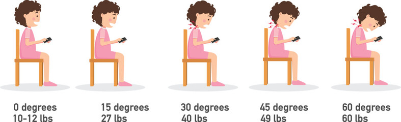 The bad smartphone postures,the angle of bending head related to the pressure on the spine.vector illustration