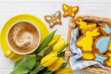 Easter Bunny-Shaped Gingerbread Cookies, Yellow Tulips, and Coffee Cup - 755405128
