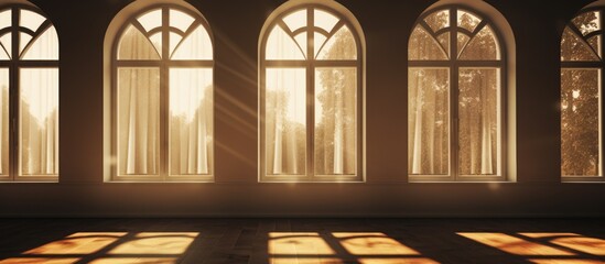 A room with four windows, each letting in sunlight that casts shadows on the floor. The arrangement of the windows allows for a play of light and shadow throughout the room.