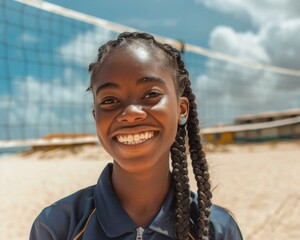 A young girl smiling while standing on a beach volleyball court. Generative AI.