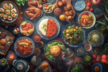 Table adorned with enticing array of dishes during Ramadan. Food provides essential vitamins and hydration to revitalize body during traditional sawn - obrazy, fototapety, plakaty