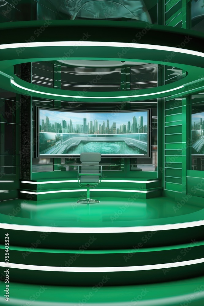 Poster interior of a green room with a large screen and bench. ideal for presentations and meetings