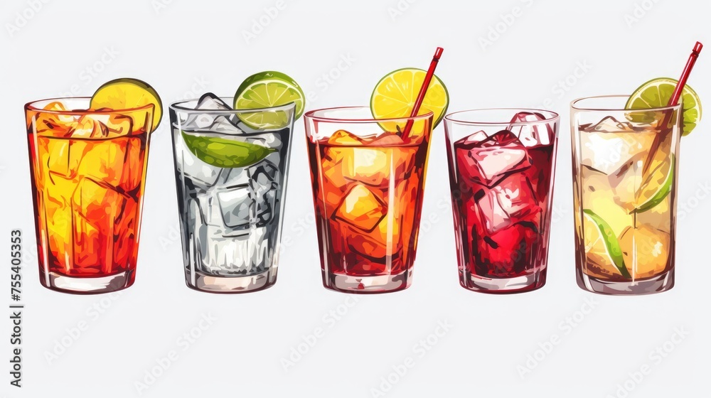 Poster Row of glasses filled with different types of drinks, suitable for menu design