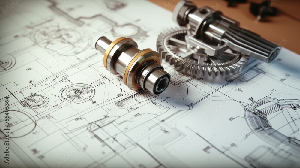 Poster Detailed view of two gears on a blueprint. Ideal for engineering and technology concepts