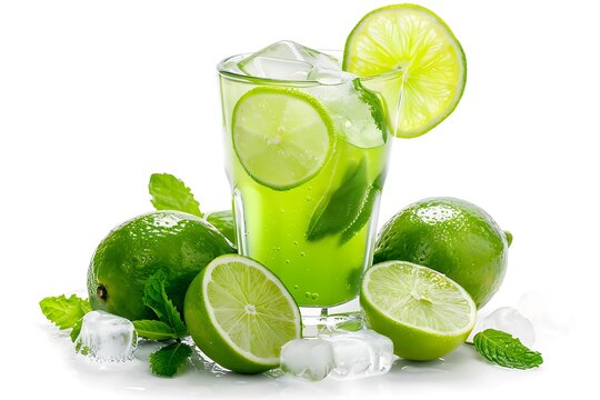 Lime fruit juice, leaf min, and ice isolated on a white background.