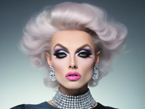 Close-up of a model showcasing bold eye makeup, styled hair, and glittering accessories. Drag queen concept.
