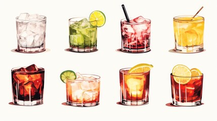 A detailed drawing of a variety of cocktails. Perfect for menu designs or cocktail recipe books - obrazy, fototapety, plakaty