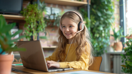 Smiling Young Girl with Headphones Using Laptop, E-Learning in a Cozy Home Environment