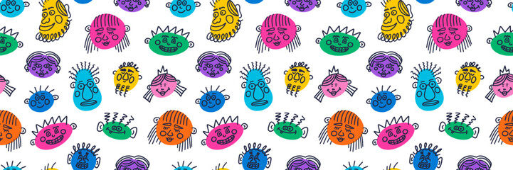 People face, funny portraits, modern colorful abstract character in doodle style. Vector seamless pattern