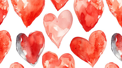 Seamless pattern with watercolor red hearts isolated on white, generative ai
