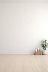 Minimalist white room with plant in vase, ideal for interior design concepts