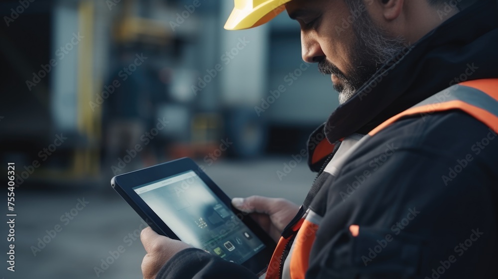 Poster a man in a hard hat looking at a tablet. ideal for construction and technology concepts