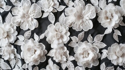 White Floral Guipure Lace Fabric on black background.