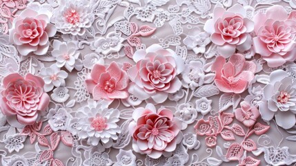 Pink Floral Guipure Lace Fabric on white background.