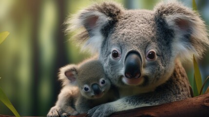 A mother koala and her baby sitting on a branch. Suitable for wildlife and parenting concepts