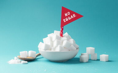 No sugar sign on pile of sugar cubes in bowl with spoon on blue background