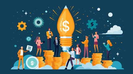 Entrepreneurship Investment, Illustrate investors supporting startups and small businesses through venture capital, angel investing, or crowdfunding platforms