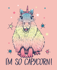 Hand drawn cute and happy Capybara with unicorn horn. Slogan I'm so capycorn! Vector illustration