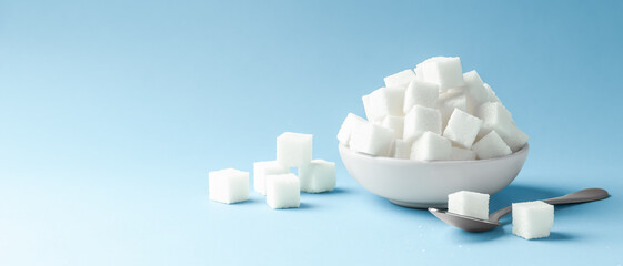 White sugar cubes in bowl with spoon on blue background