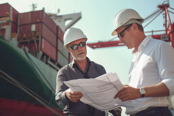 Insurance agent reviews policy with ship owner wearing helmets. Men emphasize safety protocols to mitigate potential hazards. Risk management - obrazy, fototapety, plakaty
