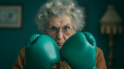 Determined Elderly Woman with Boxing Gloves, Fitness and Strength Concept with Teal Background - Powered by Adobe