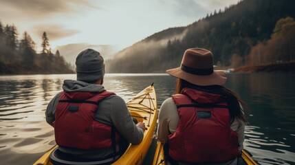 A couple enjoying a peaceful kayak ride on a serene lake. Perfect for outdoor recreation or travel concepts - obrazy, fototapety, plakaty