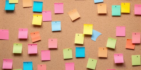 A cork board filled with colorful post-it notes. Ideal for office organization