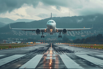 A airplane taking off from an airport runway with the landing gear down and the landing gear down,...