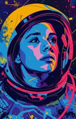 Psychedelic Pop Art Female Astronaut Portrait with Vibrant Space and Stars Background