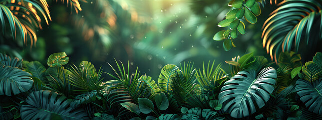 Lush tropical foliage with sunbeams penetrating the dense jungle leaves, creating a serene natural background.