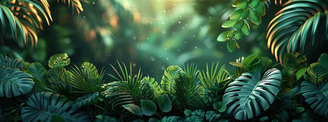 Poster Lush tropical foliage with sunbeams penetrating the dense jungle leaves, creating a serene natural background. © Gayan