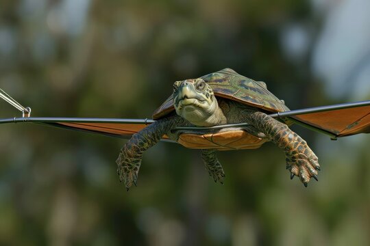 Funny turtle flying on hang-glider .