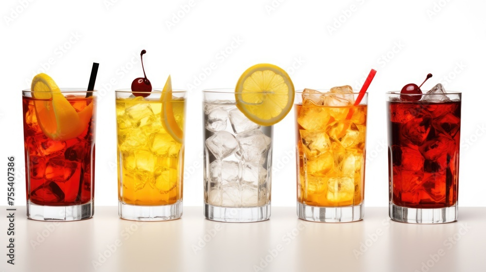 Poster Different types of beverages in a row of glasses. Suitable for restaurant menus