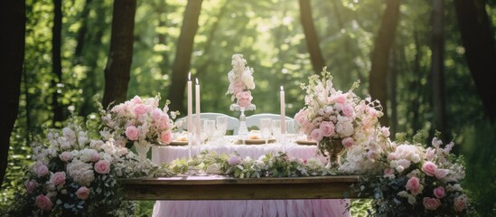 A table is beautifully decorated with flowers and candles, set up for a wedding reception in an outdoor forest setting. The centerpiece is carefully arranged, creating a romantic and sophisticated