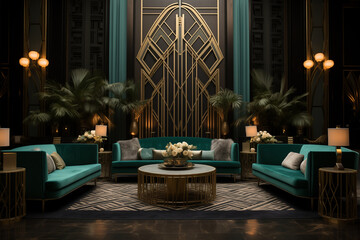 Opulent Art Deco Inspired Lobby with Luxurious Teal Sofas and Gold Accents, Elegant Interior Design