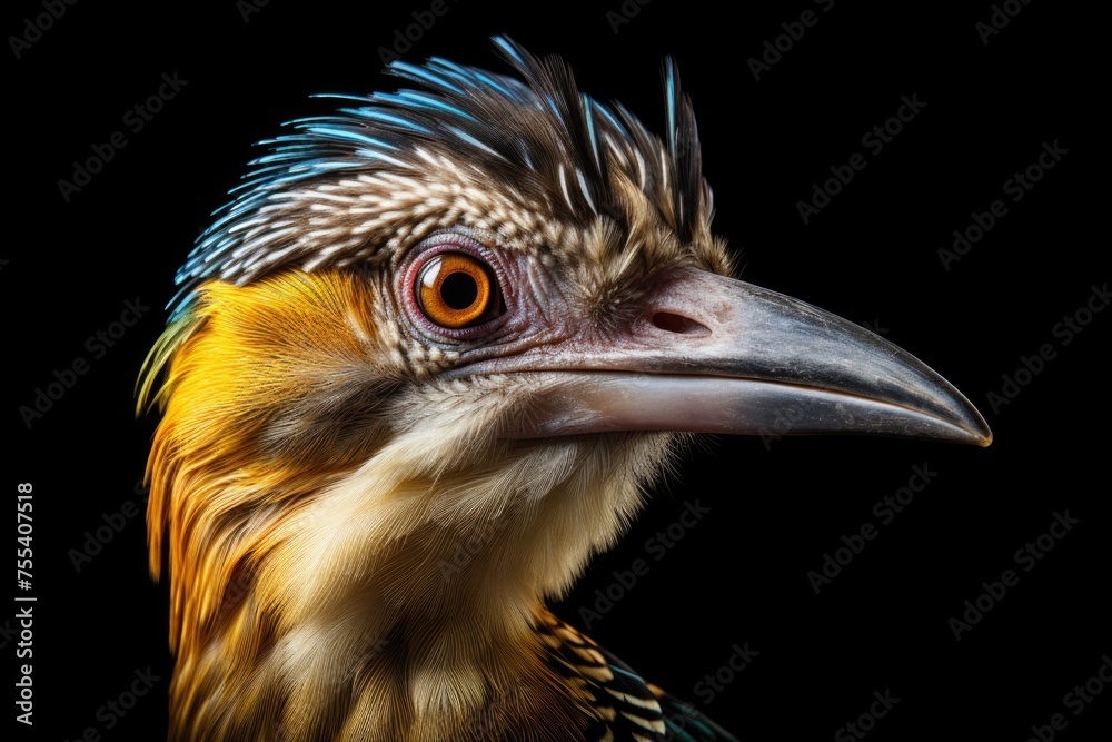 Poster close-up shot of a bird with a black background. ideal for nature and wildlife projects