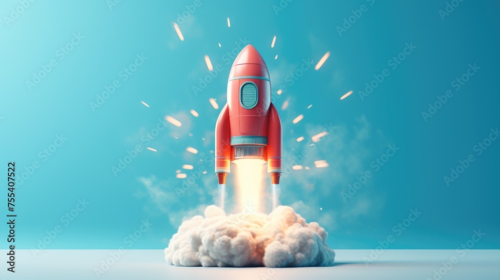 Poster A vibrant red rocket soaring through the air. Perfect for science and technology concepts